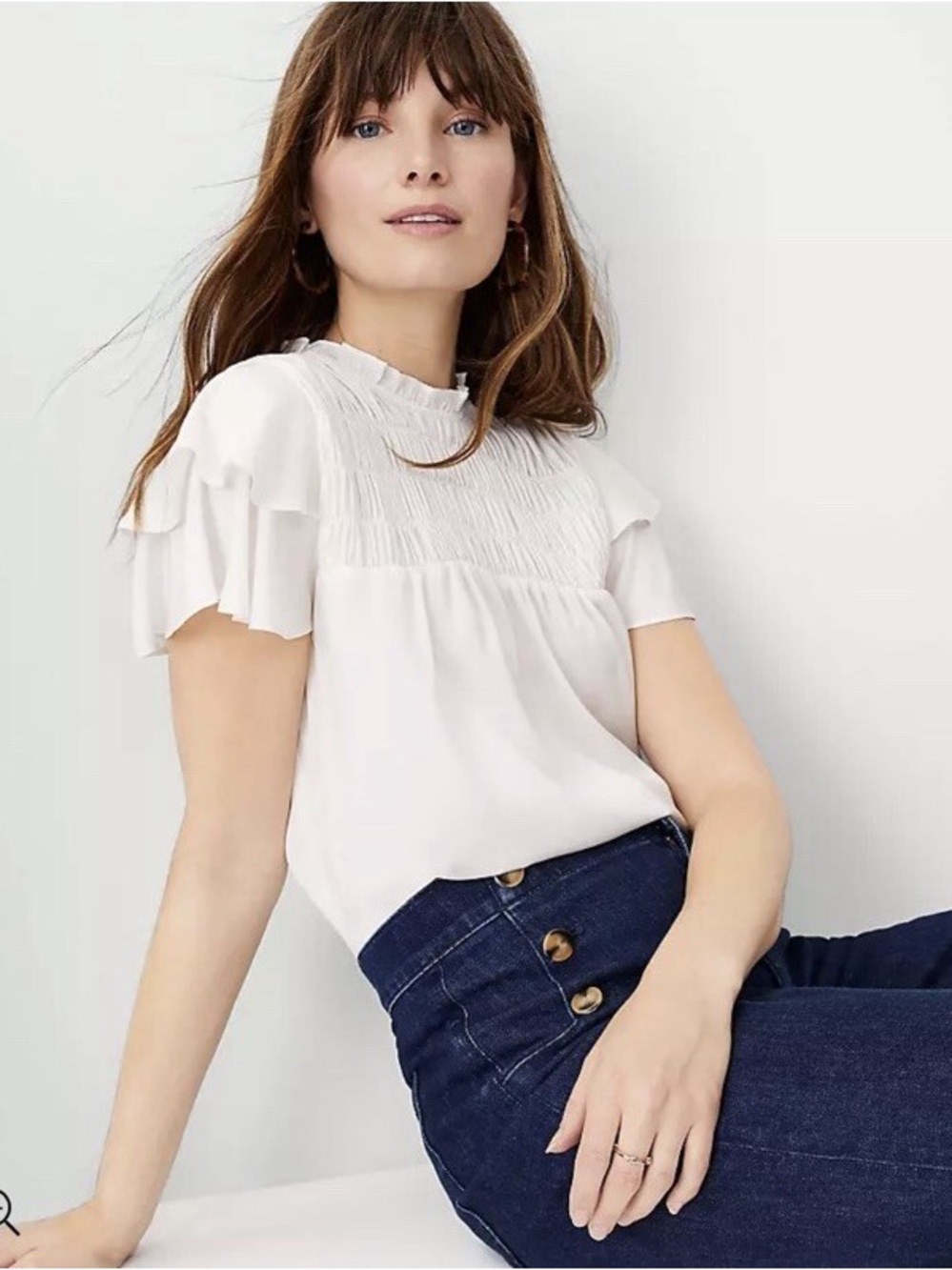 Ann Taylor White Smocked Flutter Sleeve Blouse